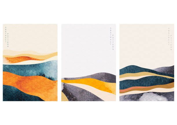 Abstract landscape background with Japanese wave pattern vector. Watercolor texture in Chinese style. Mountain forest template illustration. Abstract landscape background with Japanese wave pattern vector. Watercolor texture in Chinese style. Mountain forest template illustration. group of objects illustrations stock illustrations