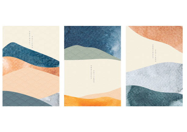 japońskie tło z wektorem tekstury akwareli. szablon abstrakcyjny z geometrycznym wzorem. projekt układu górskiego w stylu orientalnym - ocean stock illustrations