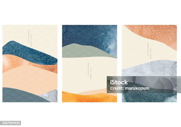 Japansk Bakgrund Med Akvarell Textur Vektor Abstrakt Mall Med Geometriskt Mönster Mountain Layout Design I Orientalisk Stil-vektorgrafik och fler bilder på Mönster