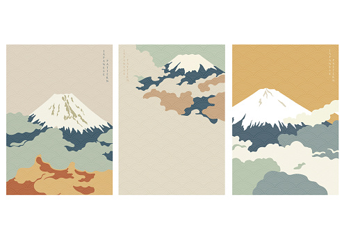 Fuji mountain background with Japanese wave pattern vector. Cloud template.