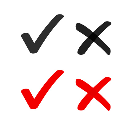 Yes no check box list marker ticks icons vector isolated, x close handdrawn cross, ok doodle poll vote checkmark, right wrong drawing, approved and declined decision form accept or deny element image