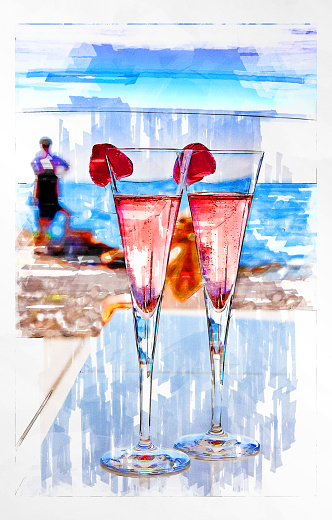 Two wine glasses with rose wine and strawberries on a glass table, a beach by the sea in the background. Sketch drawing with markers effect on a photo.