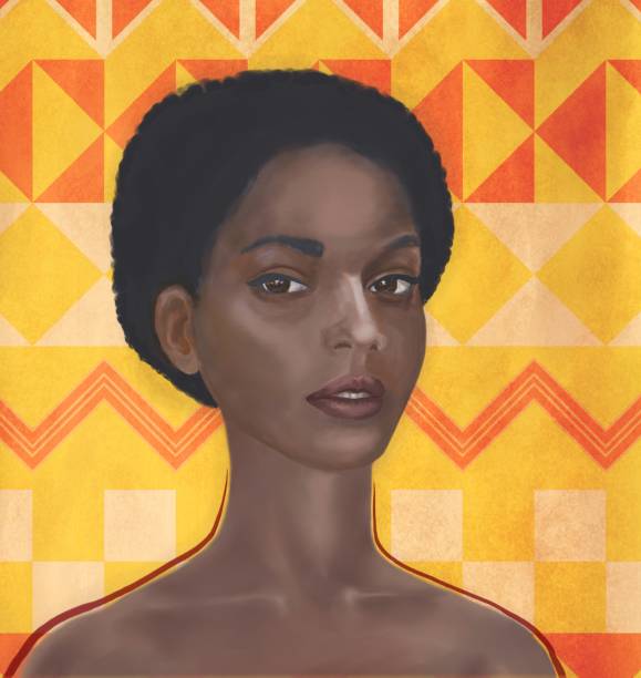 Picturesque portrait of a women of African type Falashi Portrait of a young women of African type with the features of the Jewish ethnic group of Falashi. The girl is depicted in three quarters, close-up on a yellow background. The eyes are focused and turned on the viewer. The technique of embossed smear allegory painting illustrations stock illustrations