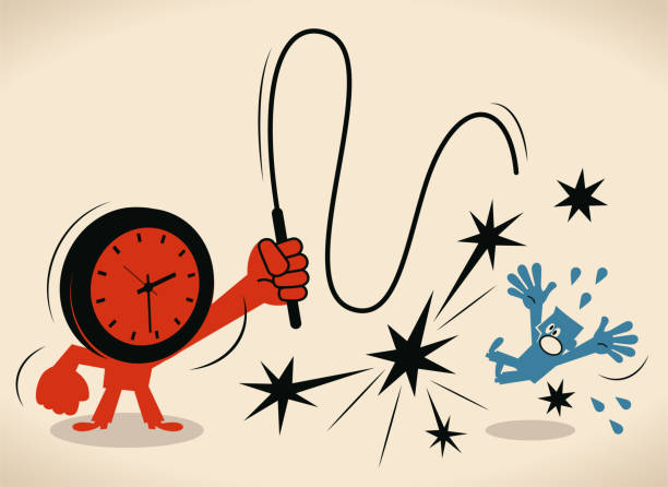 인류학적 시간(시계)은 블루맨에게 채찍질을 한다. 마감일, 스트레스 및 시간 압력 개념 - animal trainer stock illustrations