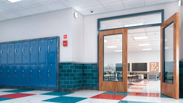 corridoio scolastico con armadietti. illustrazione 3d - corridoio foto e immagini stock