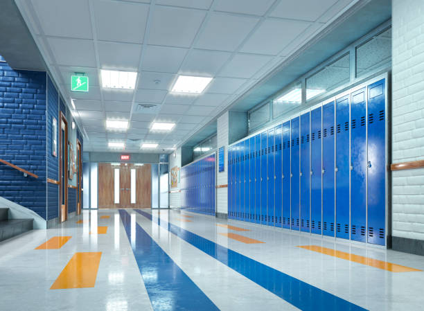 ロッカー付きの学校の廊下。3d イラスト - locker room ストックフォトと画像