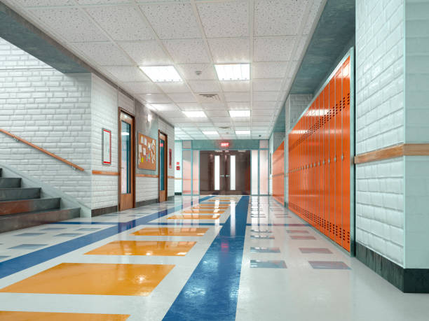 школьный коридор с шкафчиками. 3d иллюстрация - corridor стоковые фото и изображения