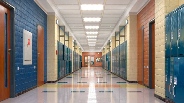 corredor escolar con taquillas. ilustración 3d - educación fotografías e imágenes de stock