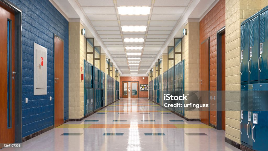 School corridor with lockers. 3d illustration Education Stock Photo