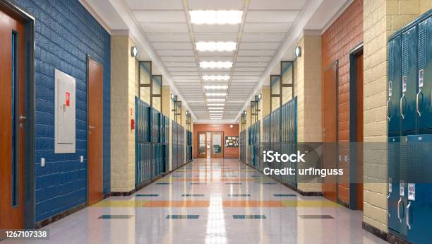 School Corridor With Lockers 3d Illustration Stock Photo - Download Image Now - Education, Corridor, Classroom