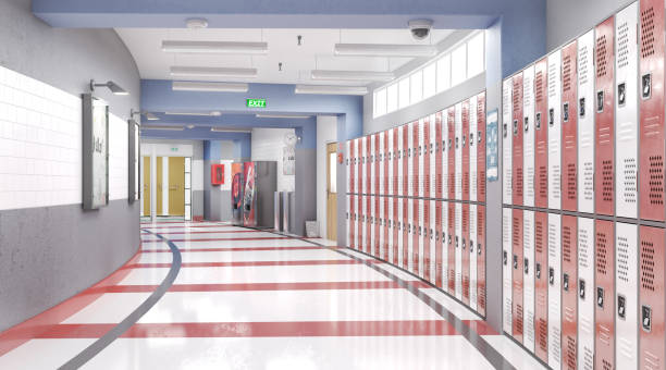 istock Long school corridor with red lockers , 3d illustration 1267107351
