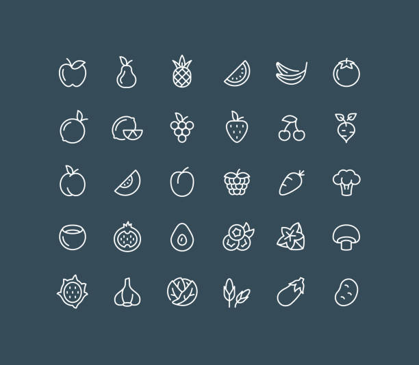 ilustraciones, imágenes clip art, dibujos animados e iconos de stock de fruit & vegetables line icons trazo editable - blackberry blueberry raspberry fruit