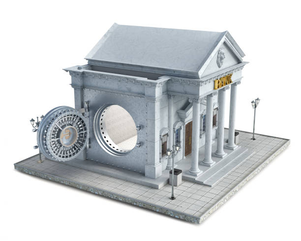 istock Bank building with opened vault door and empty vault, 3d illustration 1267108388