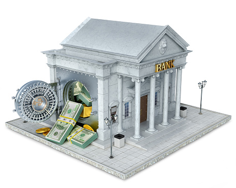Concept of bank building with opened vault door and overfilled vault, 3d illustration