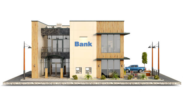 вид спереди  на современное здание банка с парковкой на куске земли, 3d иллюстрация - банк иллюстрации стоковые фото и изображения
