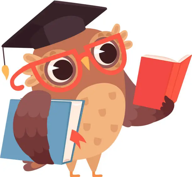 Vector illustration of Self education. Owl reading books, isolated smart character. Cartoon bird with glasses studying vector illustration