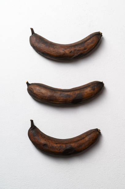 폐기물 식품 개념. 못생긴 음식. 흰색 배경에 오래된 어두운 바나나. - banana rotting ripe above 뉴스 사진 이미지