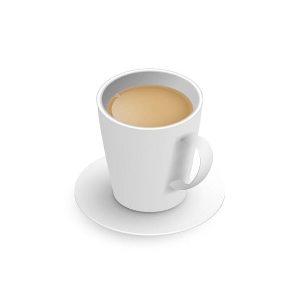 illustrations, cliparts, dessins animés et icônes de tasse réaliste 3d de thé noir indien masala aromatique chaud fraîchement brassé avec du lait. une tasse de thé avec la vue isométrique de soucoupe isolée sur le fond blanc. illustration vectorielle pour web, conception, menu, application - hot chocolate cup chai heat