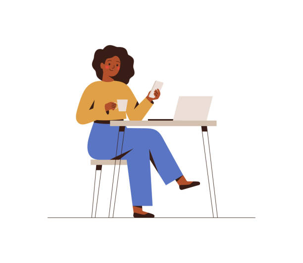 Black Woman chatting on a smartphone sitting at the cafe table. Happy freelancer or office female working remotely use a laptop. Black Woman chatting on a smartphone sitting at the cafe table. Happy freelancer or office female working remotely use a laptop. African girl looking at the phone, drinking coffee at the workplace. office desk stock illustrations