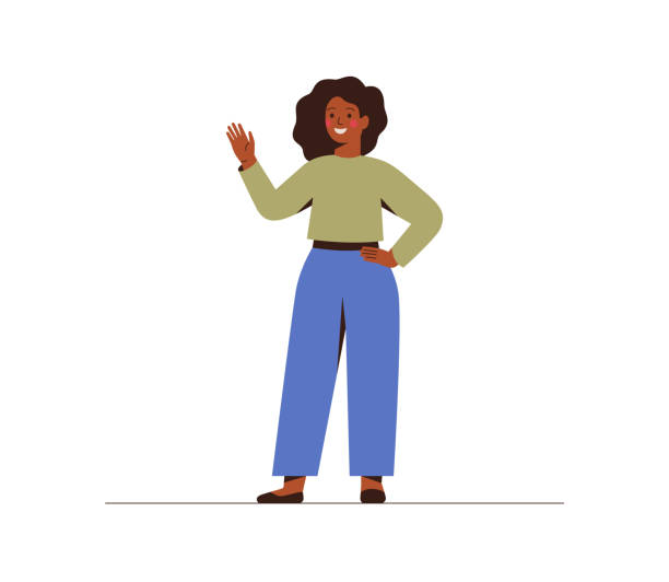 Modern young dark skin businesswoman is waving hand. Modern young dark skin businesswoman is waving hand. Smily black girl in casual clothes makes a greeting gesture. Flat vector cartoon illustration isolated on white background only women illustrations stock illustrations