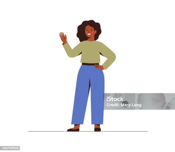 Modern Young Dark Skin Businesswoman Is Waving Hand Stock Illustration - Download Image Now