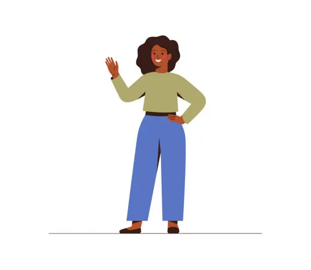 Vector illustration of Modern young dark skin businesswoman is waving hand.