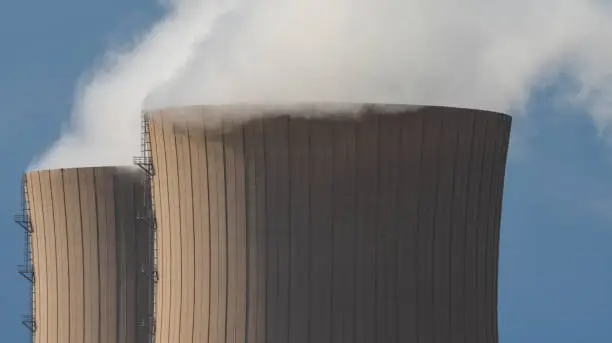 A close up nuclear power plant cooling towers
