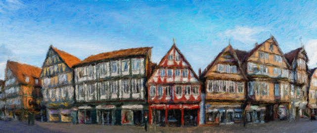 A digital art oil paninting panorama view of the old city center of Celle with ist half-timbered houses