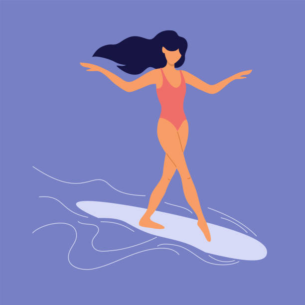 수영복 서핑을 하는 젊은 여성 - beach surfing bikini retro revival stock illustrations