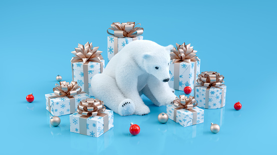 Cute polar bear with Christmas gift boxes on blue background. Merry Christmas and Happy New Year card. 3D illustration.