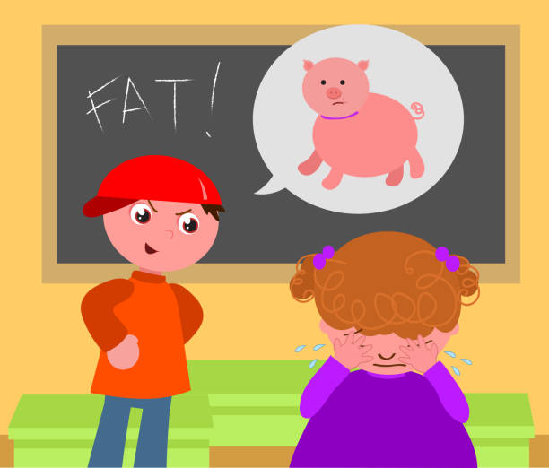 ilustraciones, imágenes clip art, dibujos animados e iconos de stock de bad bully se burla de la gorda en la ilustración vectorial del aula - molest