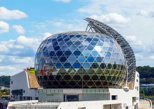 Boulogne-Billancourt, France - August 18 2020: Close-up on La Seine Musicale (City of Music) music and performing arts center. It is located on ile Seguin, an island on the Seine river west of Paris.