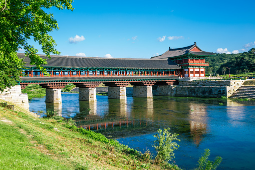 Woljeong Korean traditional bridge on river in Gyeongju, Korea