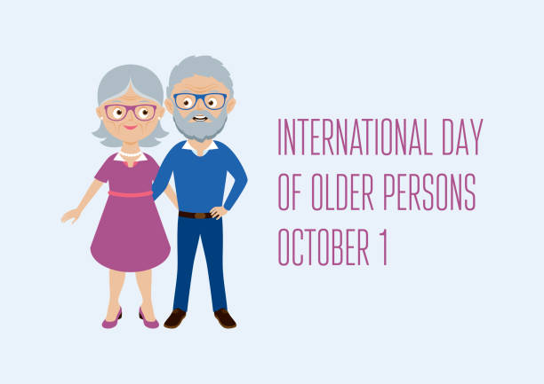 International Day of Older Persons vector Happy and smiling elderly senior couple vector. Happy old man and woman vector. Senior couple cartoon character. Grandpa and Grandma icon set. Important day senior citizen day stock illustrations
