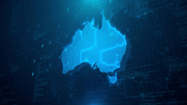 istock Map of Australia with States on blue digital background 1267125771