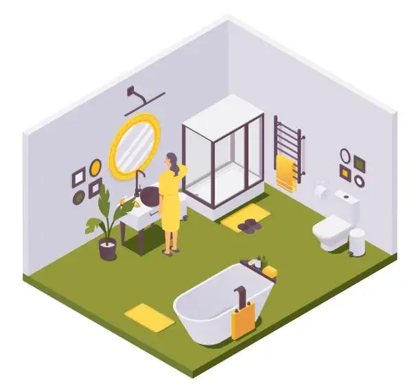 Vector illustration of Vector isometric girl brushing teeth in bathroom with a shower, heated towel rail, toilet, bathtub, plumbing fixtures and bathroom accessories for home, hotel or villa.