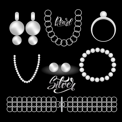 Jewelry silver vintage fashion realistic set on black background isolated vector stock illustration, white pearl necklace on black velvet. Designed for postcards, booklets, and jewelry ads.