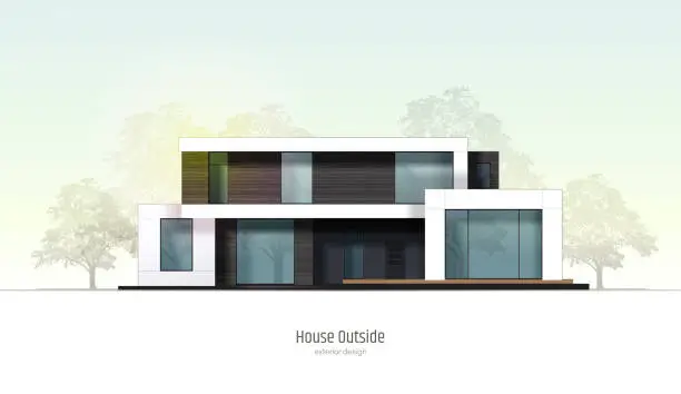 Vector illustration of House in cross-section. Modern loft style house, villa, cottage, townhouse with shadows. Architectural visualization of a three storey cottage inside and outside. Realistic vector illustration.