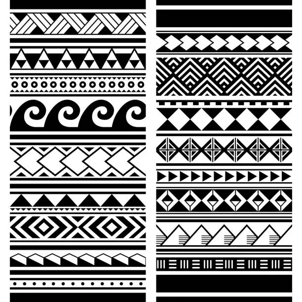Vector illustration of Polynesian Maori tattoo seamless vector two pattern set, Hawaiian tribal geometric monochrome design