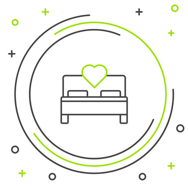 ilustrações, clipart, desenhos animados e ícones de linha preta e verde ícone quarto isolado em fundo branco. casamento, amor, símbolo de casamento. ícone criativo do quarto da coleção de lua de mel. conceito de contorno colorido. ilustração vetorial - honeymoon romance wedding bedroom