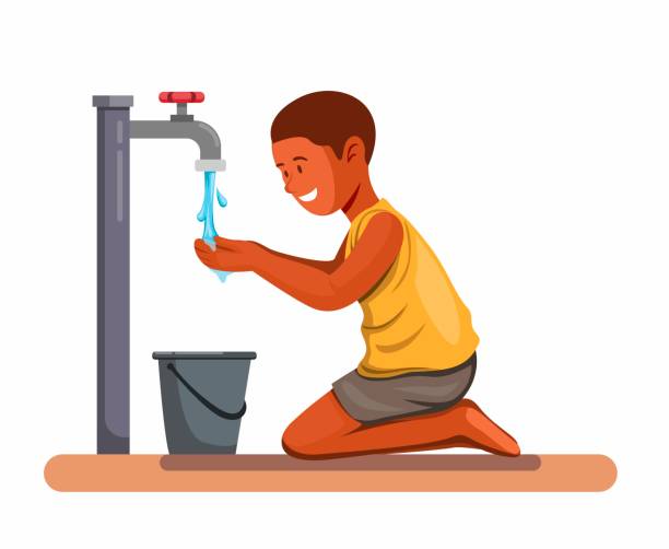 ilustraciones, imágenes clip art, dibujos animados e iconos de stock de el niño africano bebe agua. ayudar a los niños de la crisis del agua en africa concepto de símbolo en vector de ilustración de dibujos animados en blanco - malnourished