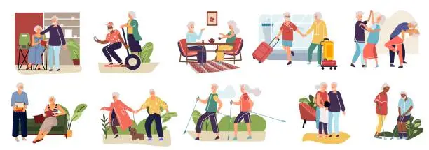 Vector illustration of 1909.m30.i210.n030.P.c25.441352702 Old people. Cartoon hand drawn elderly persons and couples, grandparents in different activities. Vector happy senior age people