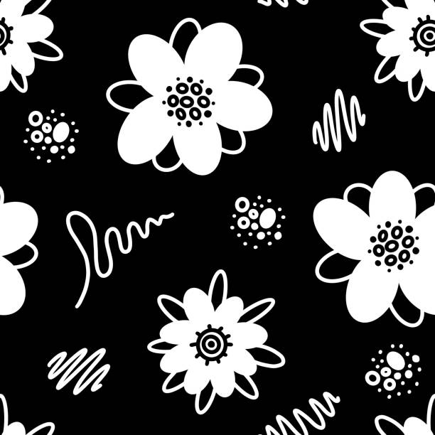 ilustrações, clipart, desenhos animados e ícones de padrão perfeito de flores estilizadas, rabiscos e traços. papel de parede monocromático fofo - nature black and white leaf black background