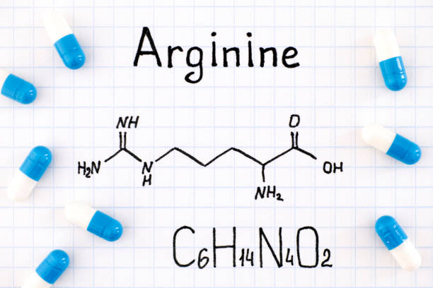 chemiczna formuła argininy z niektórych tabletek. - molecule amino acid arginine molecular structure zdjęcia i obrazy z banku zdjęć