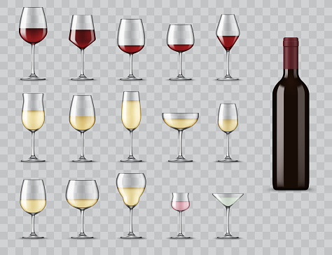 Types of wine glasses. Realistic bottle and glassware for white, red, rose wine, champagne and martini cocktail. Full, light and medium bodied glasses for alcohol drinks isolated 3d vector icons set