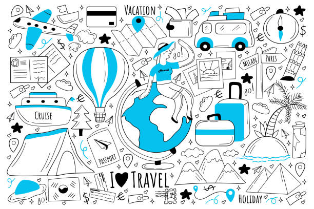 illustrazioni stock, clip art, cartoni animati e icone di tendenza di set di doodle da viaggio - flying vacations doodle globe