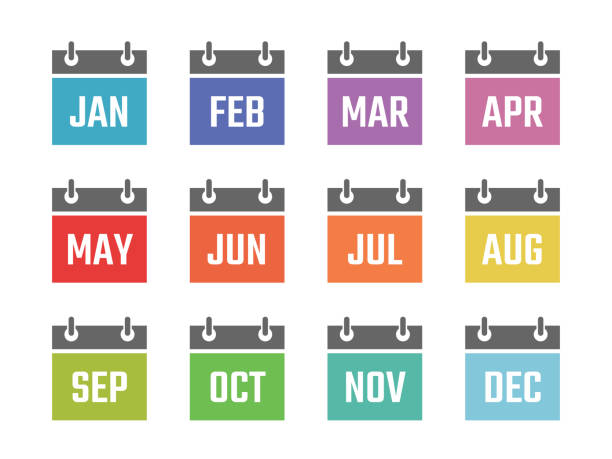 illustrations, cliparts, dessins animés et icônes de calendrier 12 mois ensemble d’icônes, signes de couleur pour tous les mois de l’année - mois