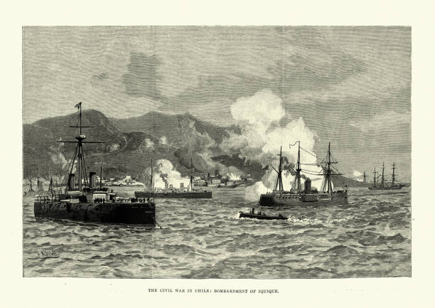 stockillustraties, clipart, cartoons en iconen met burgeroorlog in chili, oorlogsschepen bombardement van iquique, 1891 - chili fire