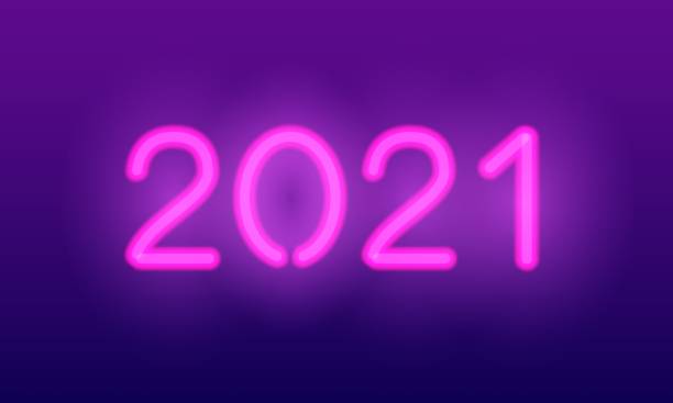 istock Neon 2021 year. Vector realistic pink glowing numbers. New year greeting card 1267148336