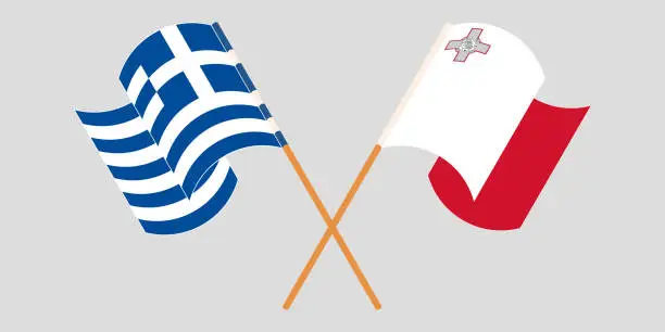 Vector illustration of Crossed and waving flags of Malta and Greece